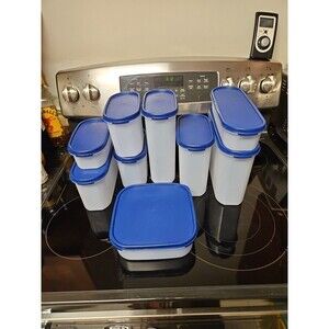 Set Of 9 Vintage Tupperware Modular Mates  W Blue Lids Assorted Sizes